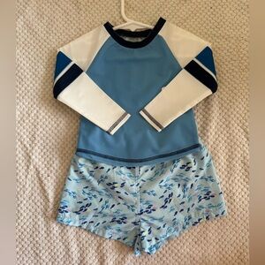 Bailey Boys Blue Patterned Swim Trunks Shorts an Mudpie Rashguard